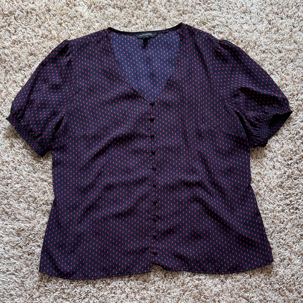 SOLD. Banana Republic Navy and Red Polka Dot Blouse - Picture 2 of 7